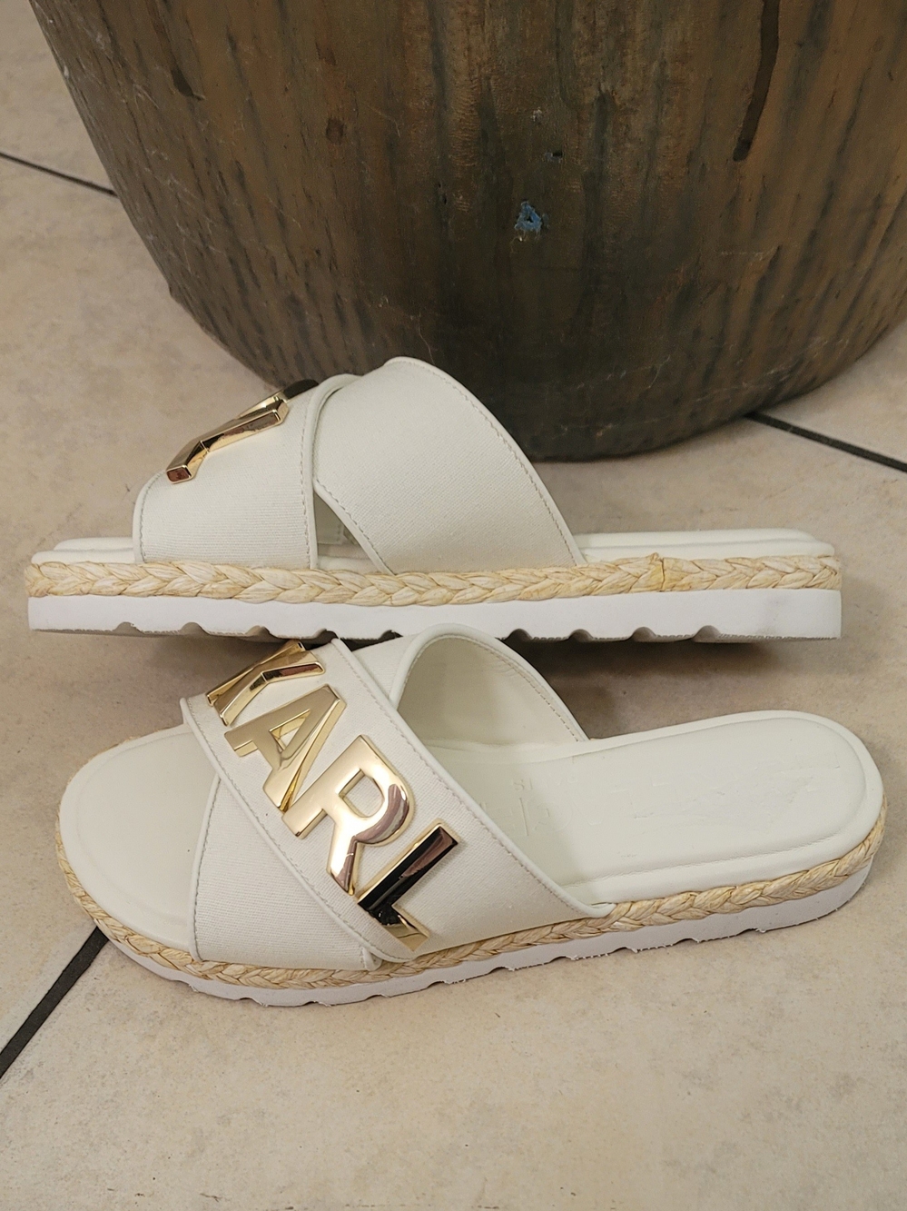 Karl Lagerfeld White Slide Sandals with Gold Lettering